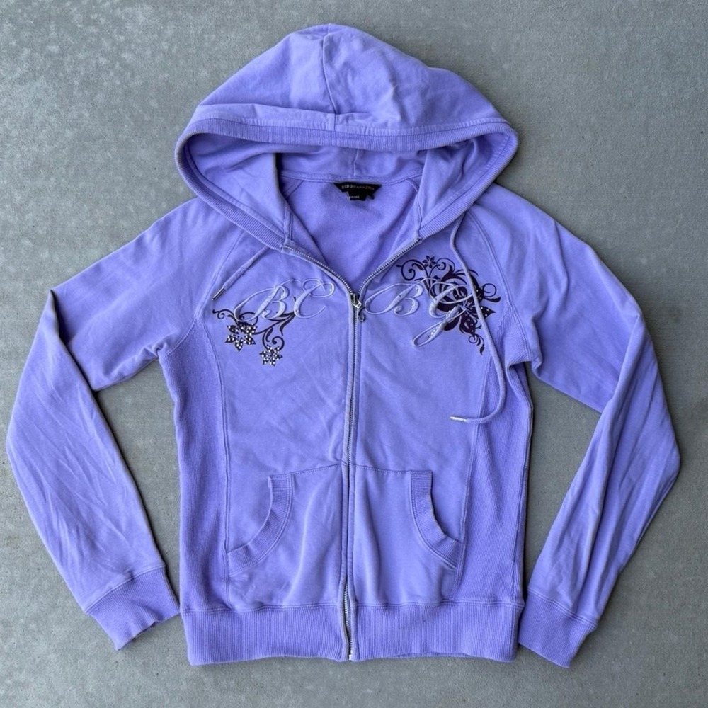 Y2K BCBG Max Azria Rhinestone Heart Zip Hoodie Lavender Size: Small